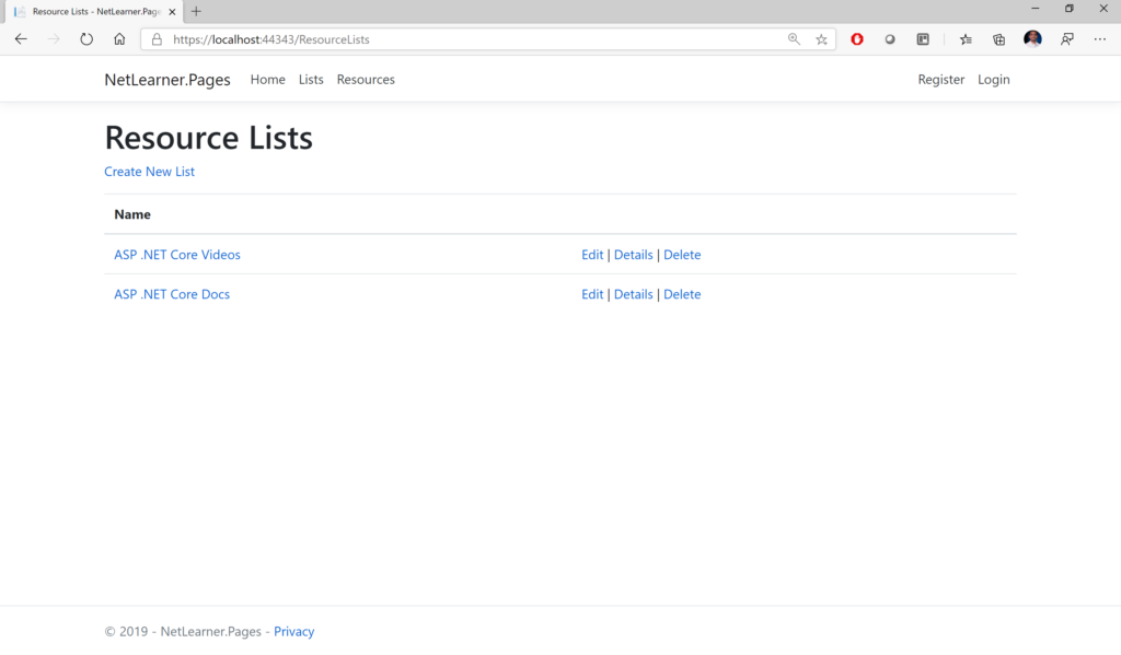 NetLearner Razor Pages: Resource Lists 