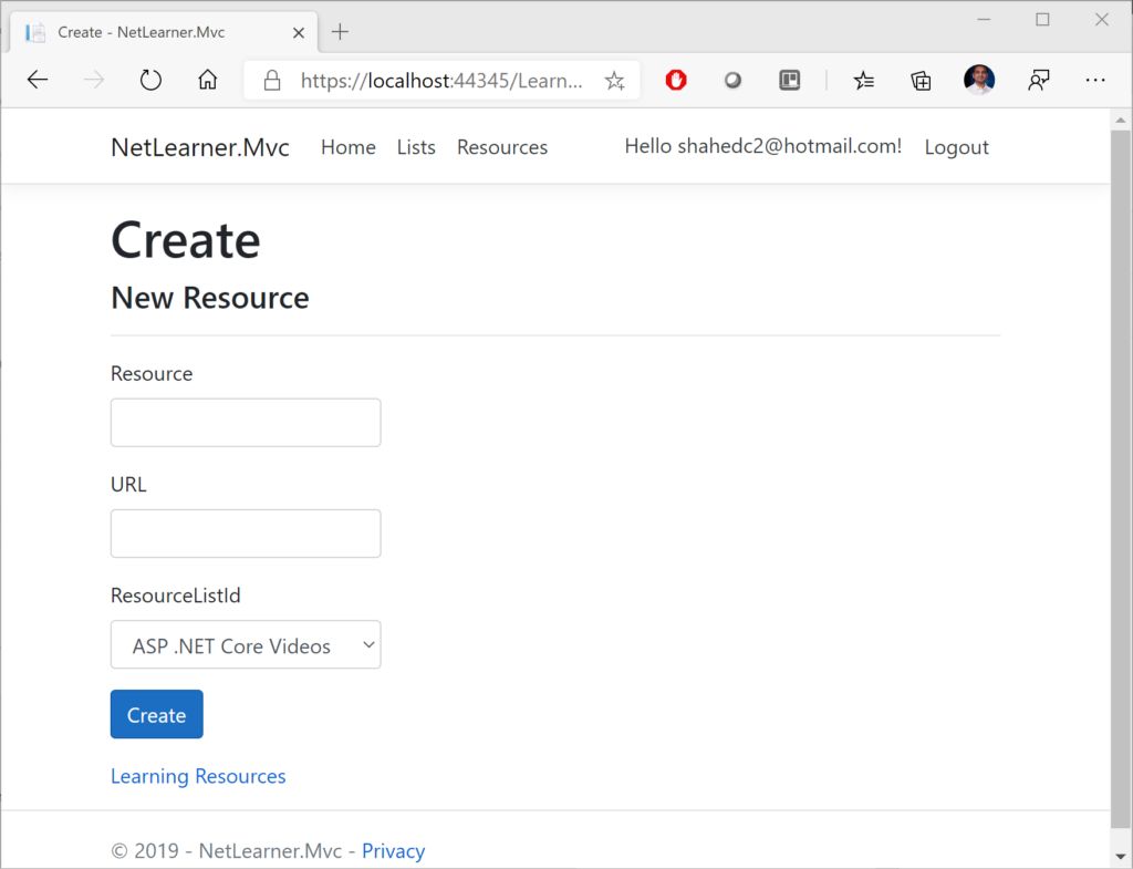 NetLearner MVC: Create New Resource