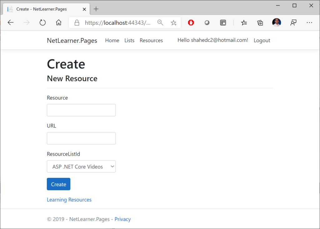  NetLearner Razor Pages: Create New Resource 
