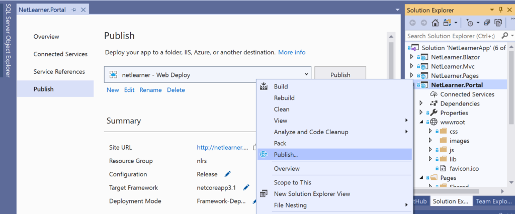 Right-click, Publish from Solution Explorer