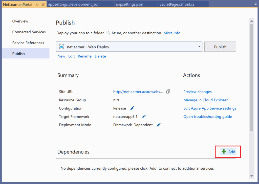 Add Dependencies during Publish from Visual Studio