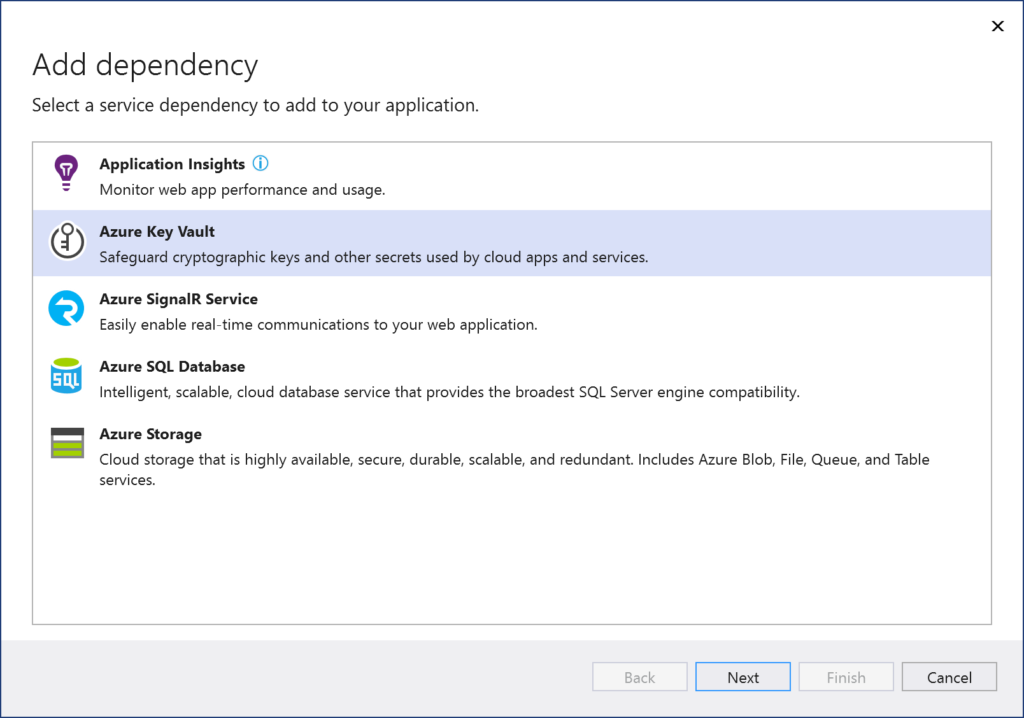 Select Azure Key Vault from list of dependencies