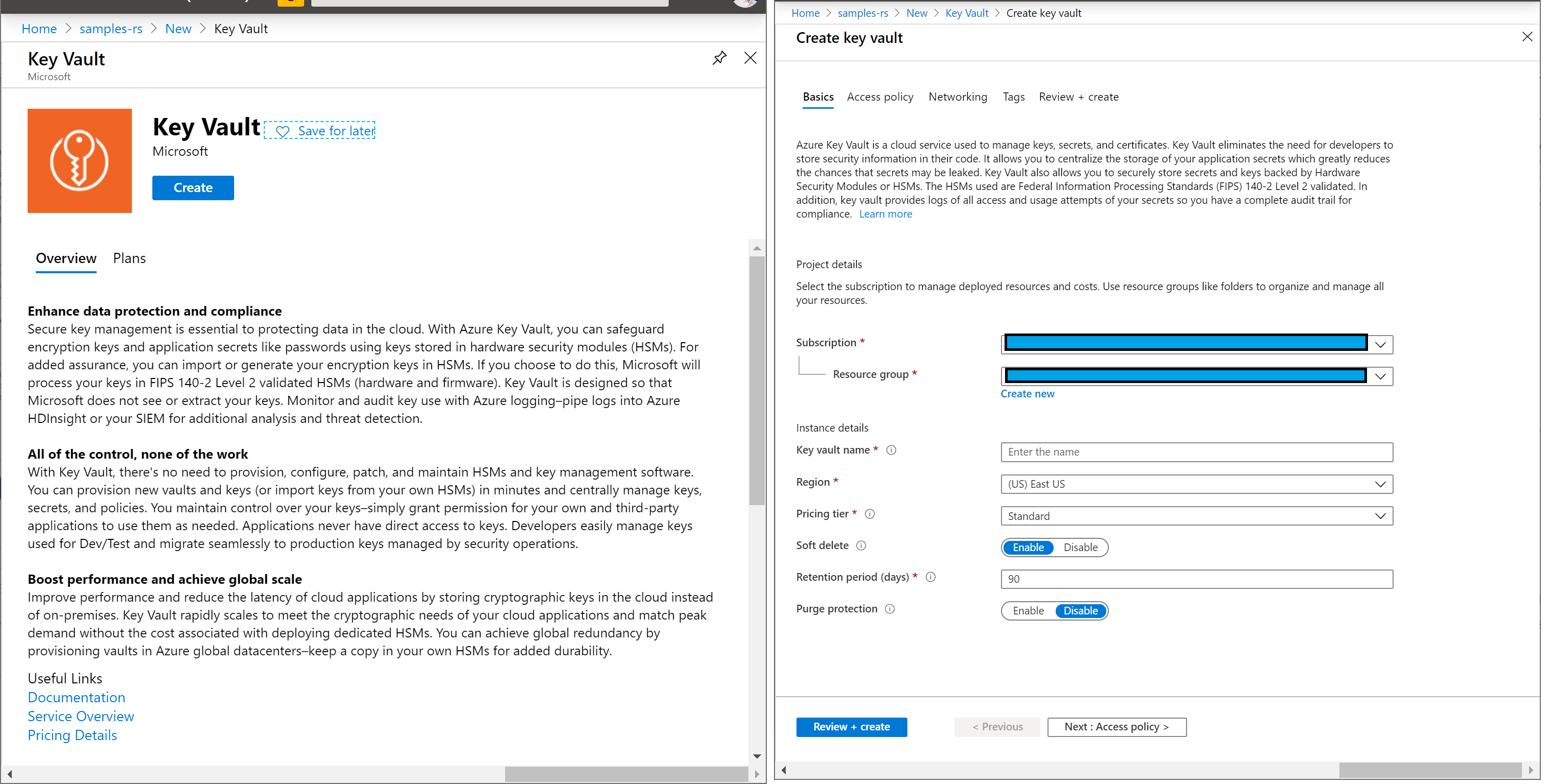 Key Vault creation in Azure Portal