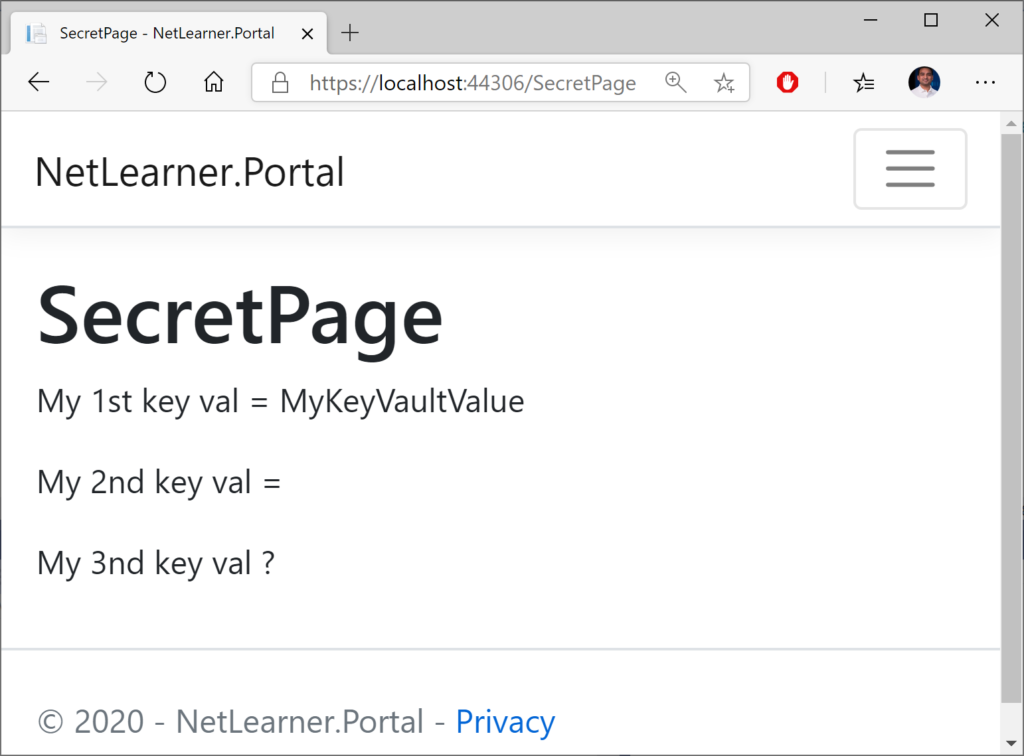  SecretPage showing secrets retrieved from Key Vault