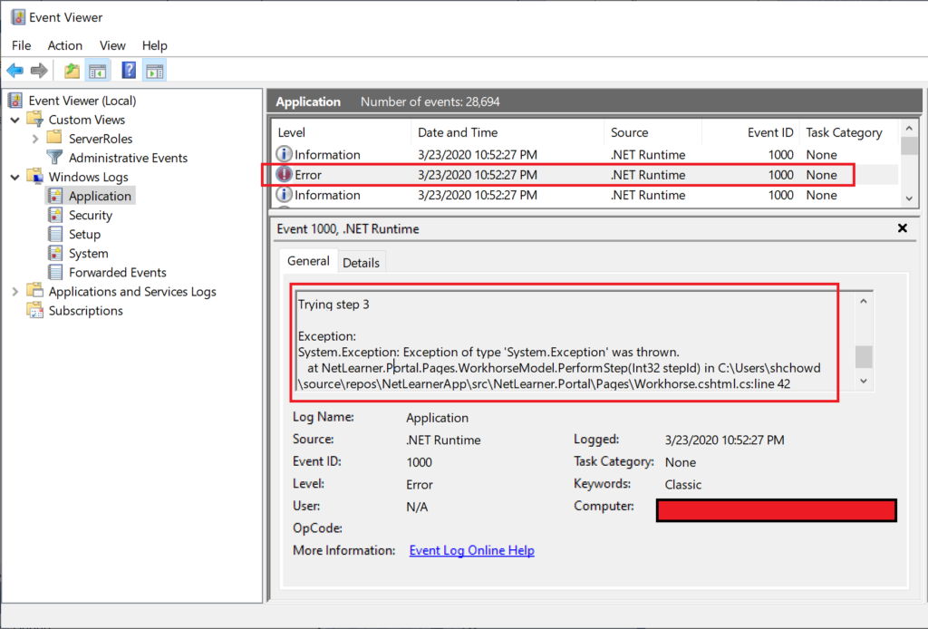 Windows Event Viewer showing error log entry 