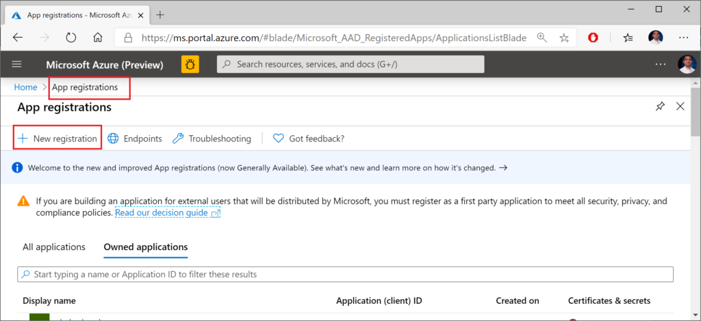 New App Registration in Azure Portal