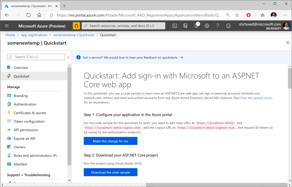 Quickstart screen for app registration