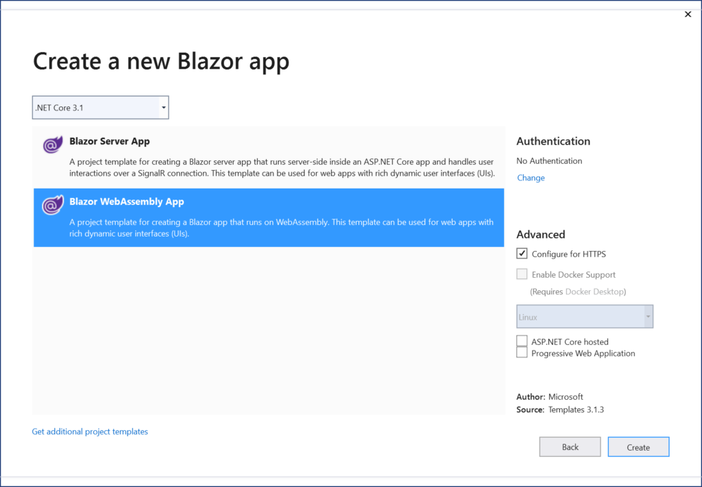 Blazor templates in VS2019 Preview