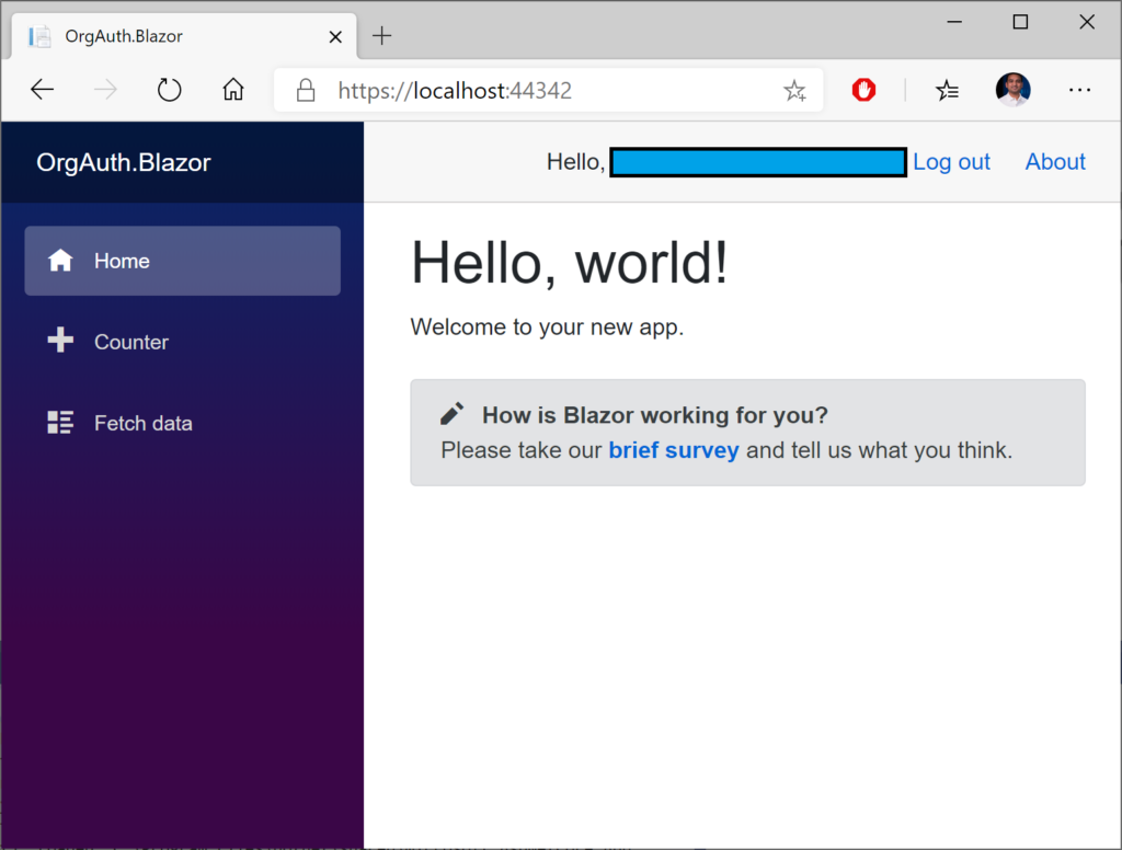  Blazor web app, logged in  