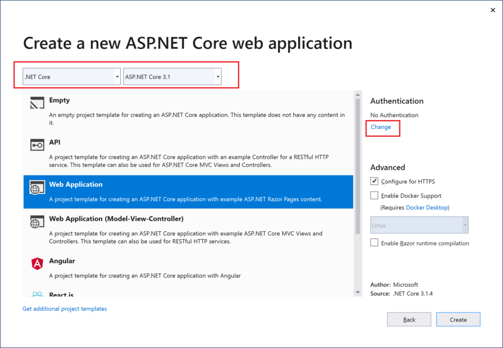 Creating a new web app project with authentication