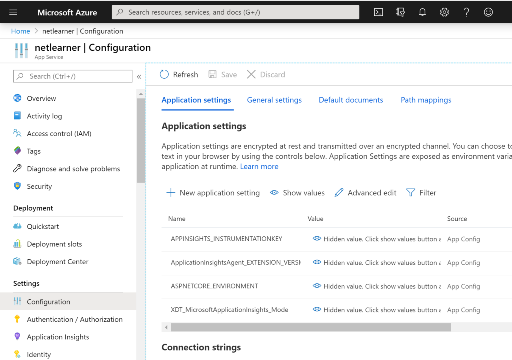 Configuration screen in Azure App Service 