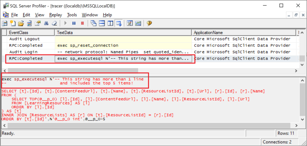 SQL Server Profiler, showing Query Tag text with newline 