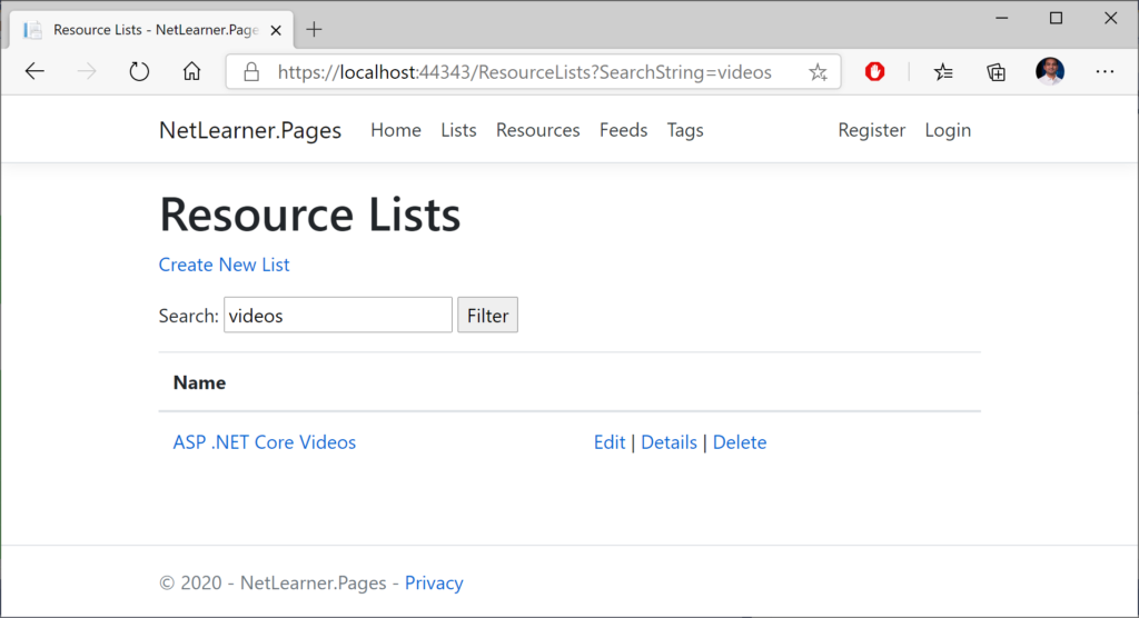 Index page for Resource Lists with ?SearchString parameter 
