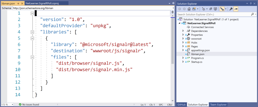 Visual Studio, showing libman.json with client-side references