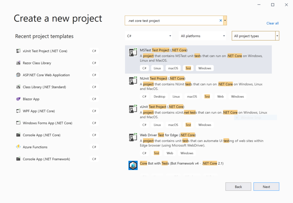 Test Project Templates in Visual Studio 2019